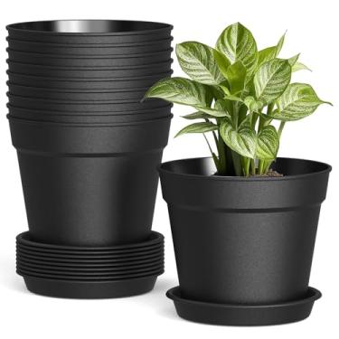 Imagem de SwinDuck Pacote com 10 vasos de plantas de 15 cm com drenagem e pires, vasos de flores de plástico branco para plantas internas e externas, vasos de berçário empilháveis para plantas domésticas e