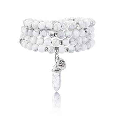 Imagem de Jovivi Pulseira com 108 contas Mala de 8 mm, ametista natural, quartzo rosa, pedra de cura de cristal Mala, colar com contas de oração hexagonal, pedra preciosa de prisma, pingente pontiagudo para meditação de ioga, equilíbrio energético, Cristal, não conhecido,