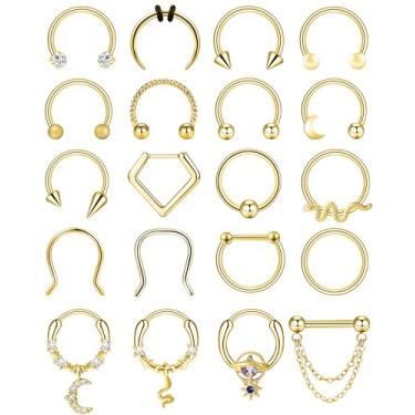 Imagem de ONESING 20 anéis de septo de aço cirúrgico 16G, joia hipoalergênica, ferradura, hélice, daith, tragus, cartilagem, argola, piercing de septo, para mulheres e homens, 10 mm, preto/prata/dourado, 16G