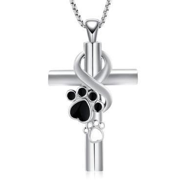Imagem de Oinsi Colar de urna com cruz para cinzas, joia de cremação de pata de animal de estimação para cão/gato, pingente de urna memorial, lembrança de cinzas para homens e mulheres animais de estimação