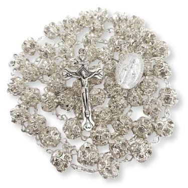 Imagem de Nazareth Store Rosário com contas de cristal de zircônia colorida, colar católico de prata com medalha milagrosa crucifixo multicolorido, rosários em bolsa de veludo, 21 Inches, Zircônia cúbica