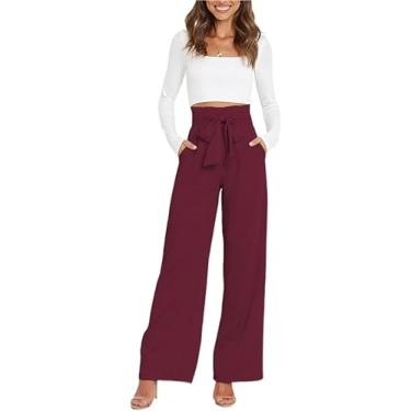 Imagem de Mulheres Calças Com Cinto Perna Larga Calças De Lounge Com Bolsos Tecido Escritório Reto Casual Sólido, Claret, XL