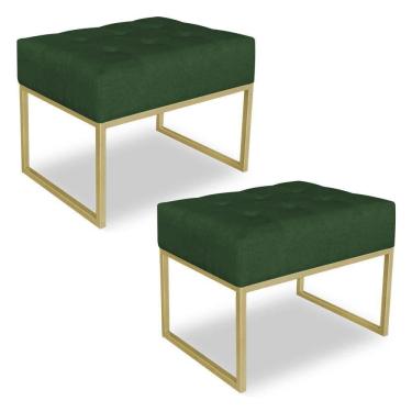 Imagem de Kit 02 Puffs Lisa Suede Verde Base Metálica Industrial Dourado