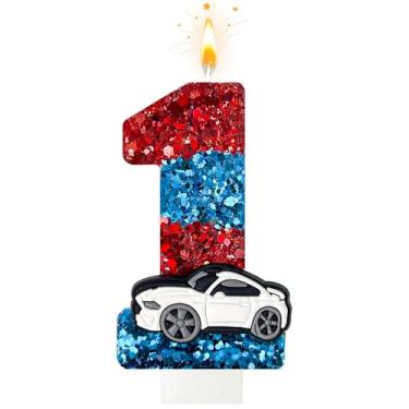 Imagem de Velas de aniversário de carro vermelhas e azuis, velas número 1 para topo de bolo, decorações de aniversário de carros de corrida, adequadas para decoração de festas de aniversário com tema de carros