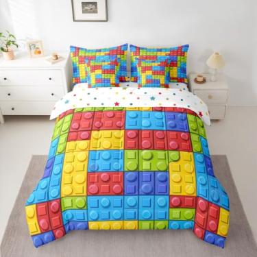 Imagem de Feelyou Jogo de cama colorido de 7 peças, decoração de blocos de montar, para adolescentes, mulheres, homens, solteiros, crianças, meninos, colorido, geométrico, em uma bolsa, decoração de quarto de