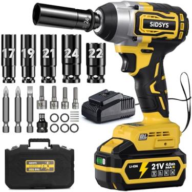 Imagem de SIDSYS Chave De Impacto Sem Fio, 295 Pés-Libras (400 N.M), 21 V, Alto Torque, Pistola 1/2, Bateria 4,0 Ah, Carregador, 9 Soquetes, Elétrica Velocidade Variável Para Carro/Caminhão, Trailer/Cortador