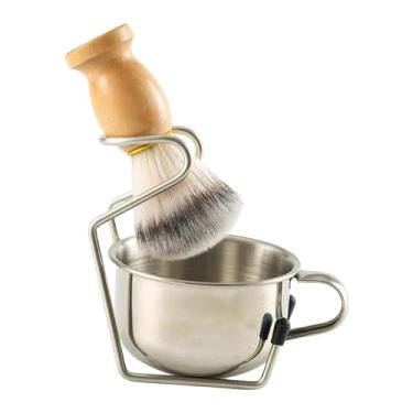 Imagem de MotiveTech Saboneteira para escova de barba masculina com suporte de aço inoxidável, design ergonômico resistente para viagem, kit 3 em 1 com cabo de madeira, Style B