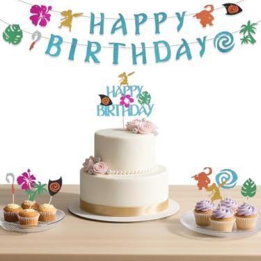 Imagem de [26 Pcs] Moana Happy Birthday Party Decorations - Moana Banner and Cupcake Topper for Summer Trpical Hawaiian Luau Party Baby Shower Decor