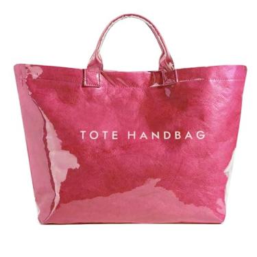 Imagem de ALUSBELL Bolsa feminina grande de PVC com estampa de letras, bolsa de ombro de viagem de papel kraft, bolsa de ombro transparente para carregar todos os objetos, Vermelho rosa