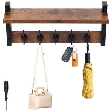 Imagem de Ganchos de parede com prateleira, prateleira suspensa de entrada de madeira resistente com 5 ganchos, prateleira flutuante de parede vintage, fácil de instalar, prateleira para quarto, sala de estar