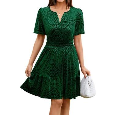Imagem de Vestido feminino Simplee, veludo de Natal, mini decote em V, verde L -