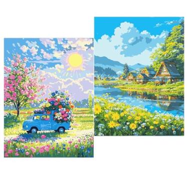 Imagem de Huacan Kits de pintura por números para adultos, iniciantes, 2 peças sem moldura, faça você mesmo, desenho de paisagem em tela, kit de pintura acrílica feito à mão com 8 pincéis 40 x 50 cm
