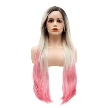 Imagem de LUSHY BEAUTY Peruca de cabelo sintético frontal reta super longa 71 cm raiz escura loiro rosa claro ombré densidade pesada resistente ao calor peruca realista