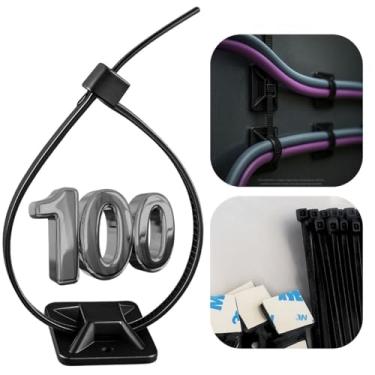 Imagem de Abraçadeira de Nylon 190mm x 4mm com Fixador Adesivo 2x2cm, Kit Organizador de Fios e Cabos, Cola Forte, Preto