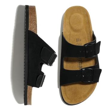 Imagem de Project Cloud Sandálias masculinas de couro genuíno com espuma viscoelástica de cortiça natural para calçados masculinos - Sandálias de verão com fivela dupla antiderrapante (Arizona), Camurça preta