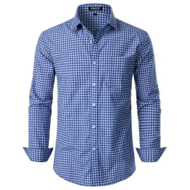 Imagem de Camisa masculina JEMITOP, manga comprida, modelagem justa, xadrez, azu