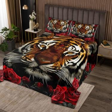 Imagem de Manfei Colcha King de tigre, flor de rosa vermelha, vida selvagem, coberta acolchoada com tema de animal selvagem com 2 fronhas, decoração de quarto infantil, colcha de cama de poliéster macio