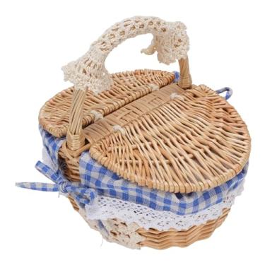Imagem de Depisuta Cesta De Piquenique De Vime, Cesto De Piquenique Vazio Estilo Vintage Com Tampa, Alça e Forro Removível, Cesta Tecida Oval Multiuso para Camping Picnic Beach Páscoa (Xadrez azul)