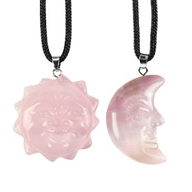 Imagem de Artistone Pingente de lua e sol de cristal de quartzo rosa, 3,3 cm, pedra preciosa esculpida à mão, lindo colar de estrela e sol, estátua de cristal de cura, faça você mesmo
