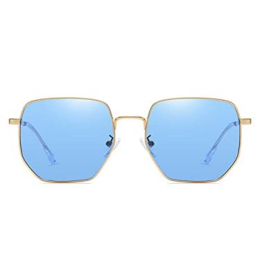 Imagem de LASPOR Óculos de sol polarizados para mulheres e homens, lentes espelhadas de polígono com armação metálica moderna, Azul, One Size