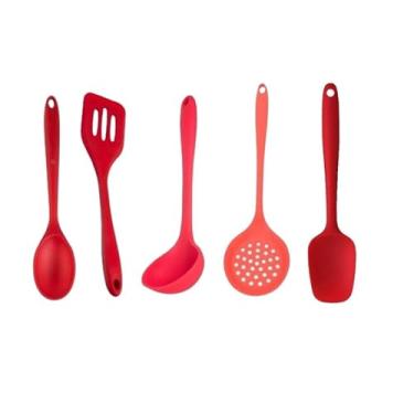Imagem de Colher De Silicone Para Cozinha -UtensíLios Em Silicone Antiaderente | Inclui EspáTula, Concha, Escumadeira, Colher E EspáTula Vazada | NãO Risca Panelas | Presente Para Chá De Panela(VERMELHO (KIT5))