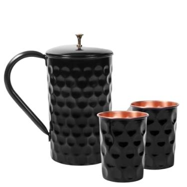 Imagem de Conjunto de canecas de cobre premium de 59 – 473 ml em forma de diamante + jarro de 1,5 L, feito à mão para Moscow Mule, coquetéis, café gelado e bebidas frias – Presente elegante de cobre preto para
