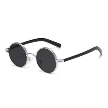 Imagem de HPIRME Óculos de sol redondos pequenos retrô de metal punk femininos, lentes transparentes, armação masculina, óculos de sol UV400 (prata, preto, cinza)