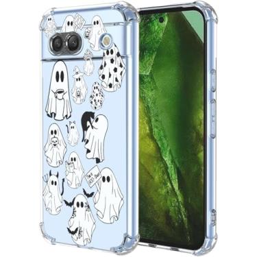 Imagem de YCJACE Capa de telefone para Google Pixel 8a capa transparente com fantasma de Halloween TPU macio absorção de choque fina padrão em relevo capa protetora para celular para Google Pixel 8a - fantasma