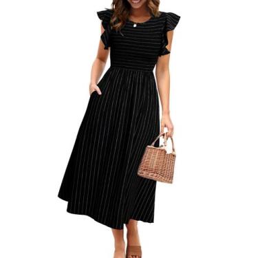 Imagem de Vestido simples listrado Midi Summer A Line preto para mulheres - Simp