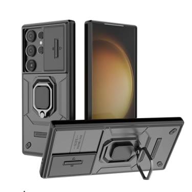 Imagem de SORAKA Capa para Samsung Galaxy S24 Ultra com suporte para anel e tampa deslizante para câmera Capa Samsung Galaxy S24 Ultra com placa de metal para suporte magnético Capa de camada dupla em PC e TPU