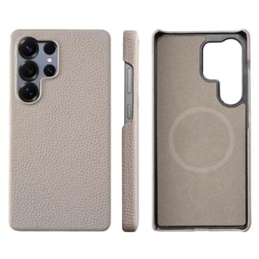 Imagem de Capa traseira de luxo para Samsung Galaxy S24 S25 Ultra Plus, capa protetora magnética de couro de lichia natural (para Galaxy S25 Ultra/CINZA)