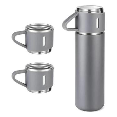 Imagem de Garrafa termica vacuum 500ml aço inox - kit 3 xicaras cinza - Shark Bl