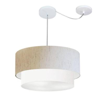 Imagem de Lustre Pendente Cilíndrico Com Desvio Linho Bege E Branco Mj-4360 Para Mesa De Jantar E Estar