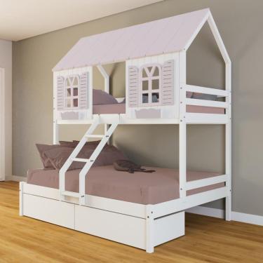 Imagem de Beliche Casal/ Solteiro Casinha Bela 02 Gavetas - Madeira Maciça Branco/Rosa | Housin