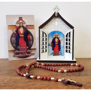 Imagem de Kit Santas Chagas Capela + Terço em Madeira 40 cm + Cartão Oração! - D
