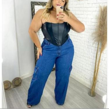Imagem de Calça Jeans Cargo Feminina Azul Plus Size Cintura Alta - Explosão, 52