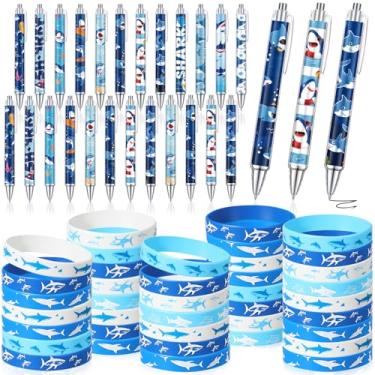 Imagem de Dispowreath 72 peças de lembrancinhas de festa de tubarão, lindas e divertidas, pulseiras com tema oceano, canetas e pulseiras de tubarão a granel para crianças e adultos, artigos para festas de