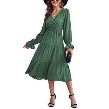 Imagem de KOJOOIN Vestido midi feminino casual com decote em V, manga comprida, cintura franzida, evasê, plissado, rodado, Ciano verde -, GG