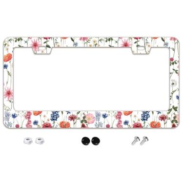 Imagem de Linda moldura de placa de licença de flores silvestres em aquarela floral aço inoxidável acessórios para carro decoração com parafusos moldura de placa de carro 2 furos 16 cm x 31 cm para presente