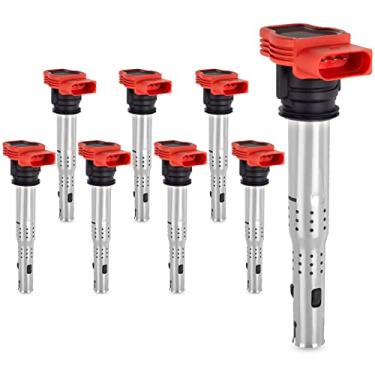 Imagem de Pacote de bobinas de ignição A-Premium compatível com Audi A6 Quattro S6 2007-2011 A8 Quattro Q7 R8 S5 S8 Volkswagen Touareg 4.2L 5.2L Vermelho 8 peças
