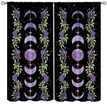Imagem de Cortina floral da fase da lua, cortinas estéticas góticas roxas para quarto, sala de estar, tratamento de janela, conjunto com 2 painéis, tamanho total 106,7 cm L x 114,3 cm C