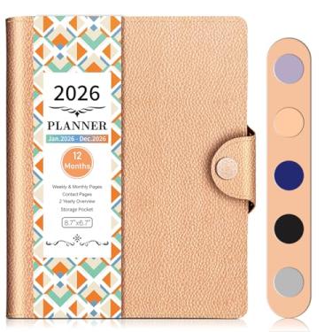Imagem de Agenda semanal, mensal e diária 2026 de janeiro de 2026 a dezembro de 2026, 22 x 17,8 cm, caderno planejador 2026 com capa de couro PU, 12 abas mensais, organizador perfeito, rosa rosa