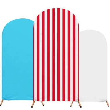 Imagem de RimCereal Conjunto de 3 decorações de festa de aniversário com listras azuis vermelhas e brancas do Dia das Bruxas, capa de fundo de arco de circo, carnaval, aniversário, nupcial, 1,2 m, 1,8 m para