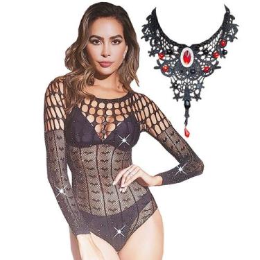Imagem de Kit Body Arrastão Strass Morcego 38/42 + Colar Choker Renda Preta - Ac