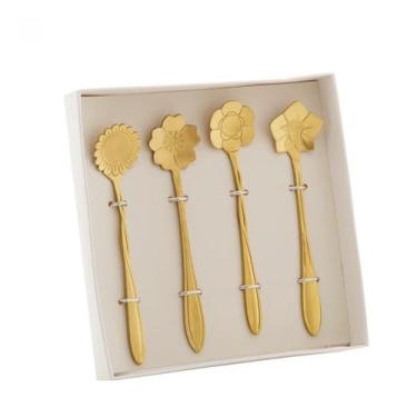 Imagem de Kit 4 Colheres Aço Inox Dourado de Chá Flores Wolff