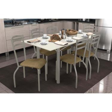 Imagem de Sala de Jantar Completa Elba Tampo Madeirado c/ Vidro 160cm e 6 Cadeiras Portugal Niquel/Off White - Corano Capuccino - Kappesberg