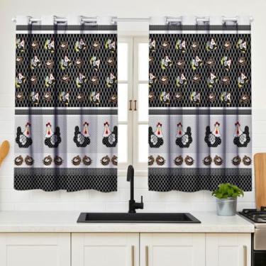 Imagem de Cortina Cozinha Decorativa Pequena Vitro Janela Simples 2,00x1,40 Estampada Oxford Galinha Ilhos Moderna