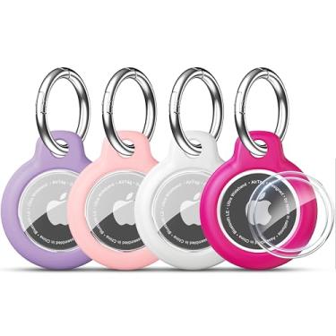 Imagem de RFUNGUANGO Capa protetora compatível com porta-chaves AirTag – Pacote com 4 capas protetoras com chaveiro de metal para crianças, animais de estimação, bagagem, mochilas, chaves, (roxo, rosa vermelha