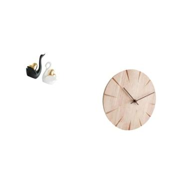 Imagem de Fenteer Estatuetas Elegantes de Casal de Cisnes com Relógio de Parede de Madeira Maciça, Ornamento Criativo de Mesa, Artesanato, Decoração, Silencioso, Presen