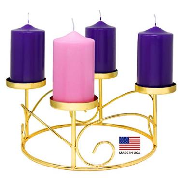 Imagem de Anel de guirlanda do advento de Natal para velas do advento em pilar – Ouro – Decoração de mesa central de velas do advento da estação do advento – Decoração de calendário do advento